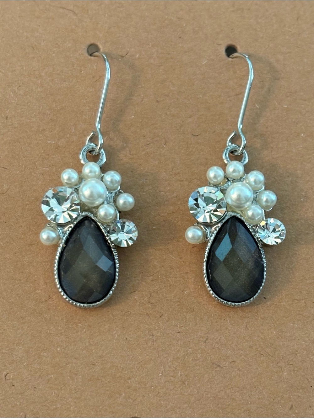 Pearl & Crystal Black Teardrop Dangle Earrings